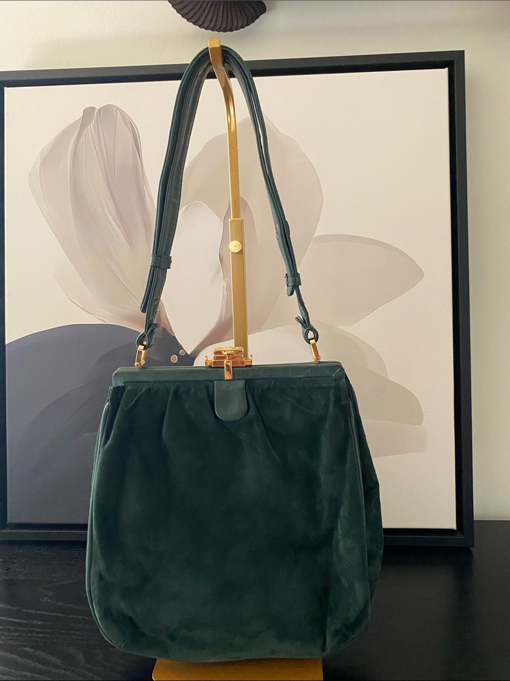 Rare Vintage 60’s Greta Emerald Green Suede Bag With Italian Leather